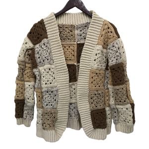 Vintage 60s 70s Handknit Patchwork Cardigan Sweater XS